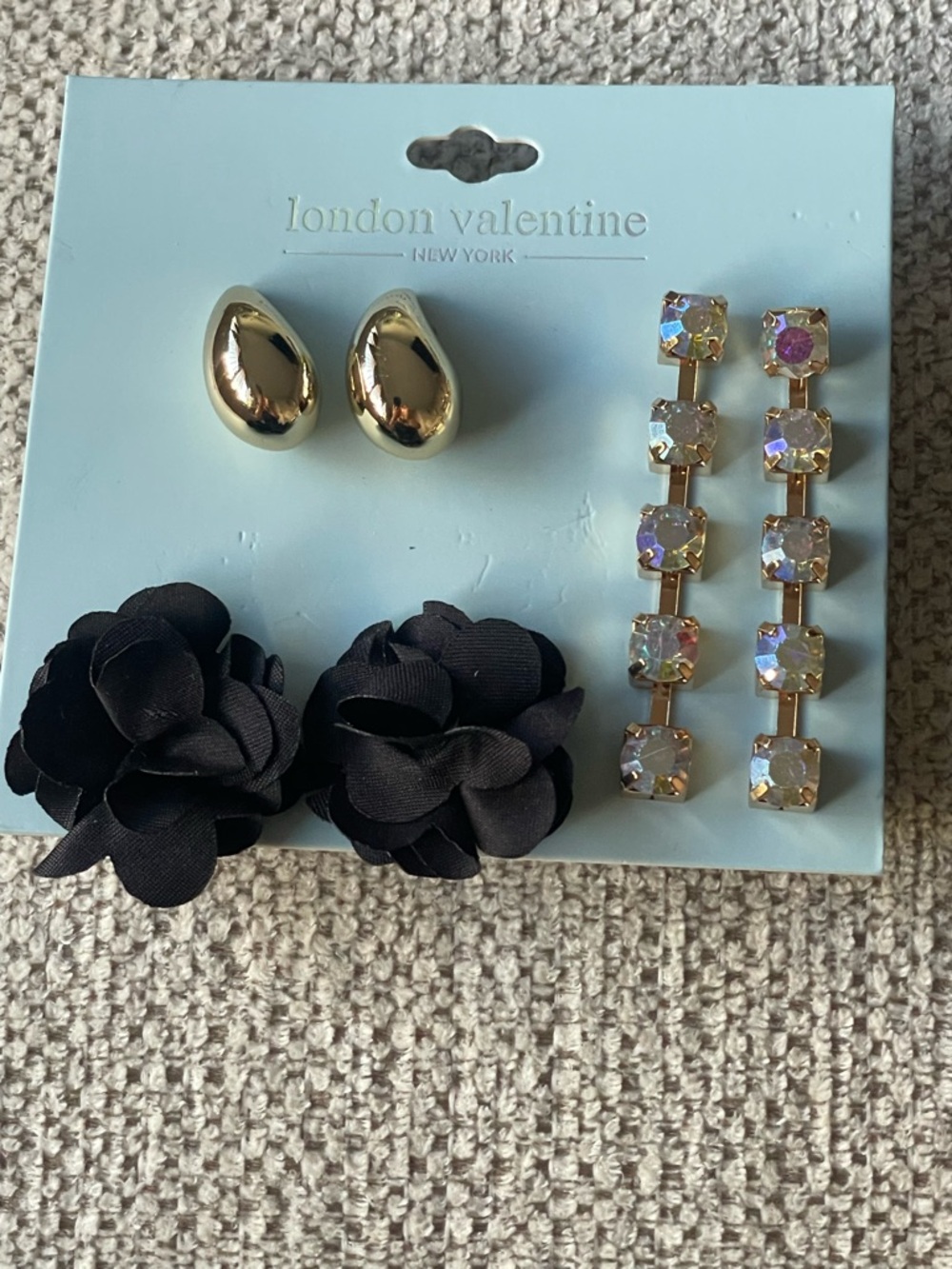 Women's Earring Set - Black Flower, Gold Teardrop & Crystal Drop